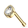 Teardrop CZ Gem Gold Plated over 925 Sterling Silver 24 Gauge Nose Bone Ring, jewelry nose piercing accessory with a large teardrop-shaped cubic zirconia gem surrounded by small gold beads.