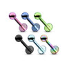Product Titanium IP over 316L Surgical Stainless Steel Labret 6 pack, colorful collection of six metallic labret piercings in pink, blue, green, black, pale blue, and iridescent rainbow finishes.