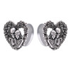 SoScene Heart shape rose frame Skeleton lover Stainless Steel Double Flared Tunnels, silver-tone earrings featuring a heart-shaped border with roses, containing detailed skeleton lovers embracing inside.