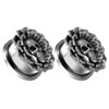 SoScene Flower burst skull double flare stainless steel screw back ear plugs, featuring a detailed skull design surrounded by a flower pattern, ideal for body jewelry enthusiasts.