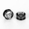 SoScene Silver Bad Cat Black Stainless Steel Double Flare Screw Back Ear Tunnels, black stainless steel ear tunnels with detailed silver cat and lion head designs.