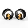SoScene Miniature Gold Skull Black Stainless Steel Double Flare Screw Back Ear Tunnels, black stainless steel ear tunnels with gold skull design.