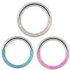 Front facing opal clicker, 16 gauge, 8 or 10 mm diameter, featuring a colorful opal inlay encased in a silver-toned circular body.
