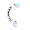 Synthetic Opal 316L Surgical Steel Internally Threaded Curved Eyebrow Barbell, featuring a curved stainless steel barbell with opal-colored spherical ends.