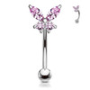 pink Butterfly CZ Prong Set Top 316L Surgical Steel Eyebrow Rings Curved Barbell