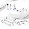 Push In Prong Set CZ Surgical Steel Threadless Labret Monroe Flat Back Stud, set of silver-colored jewelry with sparkling clear cubic zirconia stones, suitable for body piercing.