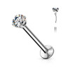 Push In Prong Set CZ Surgical Steel Threadless Labret Monroe Flat Back Stud, a silver jewelry piece with a sparkling cubic zirconia stone.