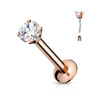 CZ Prong Set Threadless Top PVD Over Surgical Steel Push in Style Labret Flat Back Studs, close-up of the rose gold labret stud with a large round clear cubic zirconia stone in a prong setting.