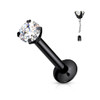 CZ Prong Set Threadless Top PVD Over Surgical Steel Push in Style Labret Flat Back Studs, a black labret piercing jewelry with a large clear cubic zirconia gemstone in a prong setting.