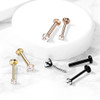 CZ Prong Set Threadless top PVD Over Surgical Steel Push in Style Labret Flat Back Studs, iridescent gemstone nose stud and earrings in gold, rose gold, black, and silver finishes.