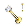 CZ Prong Set Threadless Top PVD Over Surgical Steel Push in Style Labret Flat Back Studs, gold-colored body with a clear, sparkling gemstone.