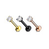 CZ Prong Set Threadless top PVD Over Surgical Steel Push in Style Labret Flat Back Studs, colorful piercing jewelry with cubic zirconia stones in yellow, black, and rose gold finishes.