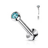 Push In Jeweled Dome Top Surgical Steel Threadless Labret Monroe Flat Back Stud, a silver-colored body piercing jewelry with a blue gemstone on the dome top.
