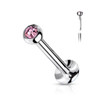 Push In Jeweled Dome Top Surgical Steel Threadless Labret Monroe Flat Back Stud, silver body jewelry with pink gemstone dome top.