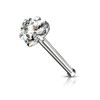 Solid 925 Sterling Silver heart-shaped nose bone stud with a sparkling crystal design, 24 gauge thickness, for piercing jewelry.