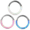 Front facing opal surgical steel hinged segment hoop rings, silver with colorful opal inlays in three different colors - white, pink, and blue.