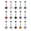 14 g Cubic zirconia 316L Surgical Steel Belly Button Ring, collection of colorful belly button rings with cubic zirconia stones in various colors and sizes.