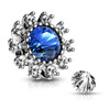 14 gauge CZ Surround Burst Tiered Round CZ Centered Internal Threaded Dermal Anchor Top, silver-colored with a large central blue cubic zirconia stone surrounded by smaller clear CZ stones.