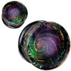 SoScene Dark Multi Color Sparkle Galaxy Double Flared Glass Plugs, vibrant and swirling galaxy pattern with sparkling colors on black glass.