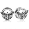 SoScene Death Moth stainless steel double flare screw back ear tunnels, silver-colored body jewelry with detailed moth design.