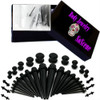 SoScene Fully Colored Acrylic Ear Stretching Kit, image showing an assortment of black acrylic ear gauges, plugs, and tools with a black box labeled 'Body Jewelry SoScene' in pink and colorful skull design