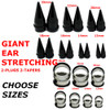 SoScene Giant Acrylic Tapers and Steel Plugs, collection of various sizes of black acrylic stretchers and stainless steel plugs with size measurements labeled in red.