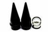 SoScene Giant Acrylic Tapers and Steel Plugs, black acrylic taper plugs with metallic steel plugs for body jewelry.