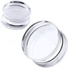 SoScene Solid Acrylic Clear Ear Plugs Double Saddle, transparent acrylic ear plugs in a small round container.