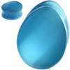 SoScene Teardrop Aqua Blue Cats Eye Tunnel Organic Stone Ear Gauges, image of a large oval-shaped aqua blue teardrop tunnel and a smaller round gauge, both made of organic stone.