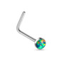 SoScene GREEN Opal Set Flat Top 316L Surgical Steel L bend Nose Stud Ring, a silver L-shaped nose stud with a vibrant green opal gemstone.