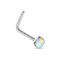 SoScene WHITE Opal Set Flat Top 316L Surgical Steel L bend Nose Stud Ring, a silver-colored nose ring with a round white opal gemstone at the end.