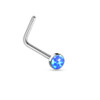SoScene BLUE Opal Set Flat Top 316L Surgical Steel L bend Nose Stud Ring, featuring a vibrant blue opal gemstone on a sleek surgical steel L-bend nose stud ring.