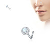 SoScene White Opal Set CZ Gem paved 316L Surgical Steel L bend Nose Stud Ring, a close-up of a silver nose stud with white opal and cubic zirconia stones, displayed against a white background and worn on a woman's nose for style.