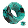 SoScene Hollow Teal Howlite Ear Plugs, marbled teal and black cylindrical ear plugs.