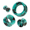SoScene Hollow Teal Howlite Ear Plugs, set of turquoise and black marbled silicone body jewelry for stretching ears.