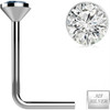 SoScene .925 Sterling Silver Clear Gem Crystal L Bend Nose Stud Ring, image showing a silver nose stud with a round clear gem and a close-up of the gem with a .925 silver stamp.