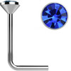 SoScene .925 Sterling Silver Dark Blue Gem Crystal L Bend Nose Stud Ring 22 Gauge, close-up of the nose stud with a dark blue gemstone and L-shaped design.