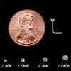 .925 Sterling Silver Aurora Borealis gem crystal  L bend Nose Stud Ring 22 gauge shown for size next penny 