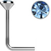 SoScene .925 Sterling Silver Light Blue Gem Crystal L Bend Nose Stud Ring, close-up of the nose ring displaying the light blue gemstone and silver metal design.