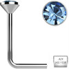 SoScene .925 Sterling Silver Light Blue Gem Crystal L Bend Nose Stud Ring 22 gauge, close-up of the light blue crystal gemstone and the L bend nose stud ring design.