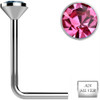 SoScene .925 Sterling Silver Pink Gem Crystal L Bend Nose Stud Ring, close-up of a pink gem crystal embedded in the nose stud with silver L bend design and 22 gauge size.