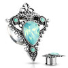 SoScene Tear Drop Aqua Opalite Stone Set Tribal Shield Front 316L Surgical Steel Double Flared Tunnels, silver jewelry with blue opalite teardrop stone and green gemstones in tribal shield design.