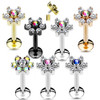 Labret Monroe lip stud Piercing 16g Internally threaded CZ flower 316L Surgical Steel, colorful flower-shaped lip jewelry with sparkling rhinestones in gold, black, silver, rose gold, and multicolor variants.