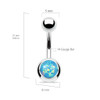 14 gauge Bezel Set Opal Glitter Set 316L Surgical Steel Belly Button Rings, illustration of a belly button ring with a blue opal gemstone, measuring 21mm in length and 8mm in width.