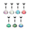 14 gauge Bezel Set Opal Glitter Set 316L Surgical Steel Belly Button Rings, colorful opal glitter belly button jewelry with bezel setting in surgical steel.