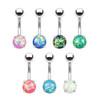 14 gauge Prong Set Opal Glitter Set 316L Surgical Steel Belly Button Rings, multi-color opal glitter gemstone belly button rings with surgical steel barbell design.