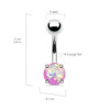 14 gauge prong set opal glitter belly button ring, surgical steel with colorful opal gemstone, detailed measurements of 21mm in length and 8mm in width, featuring a 5mm top ball and a 14 gauge bar for piercing.