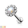 Opalite Center CZ Paved Labret Monroe lip stud Piercing 16g Internally threaded CZ flower 316L Surgical Steel, a detailed image of a jewelry piece with a central opalite stone surrounded by sparkling CZ stones in a flower design.