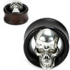 SoScene Ebony Wood Tunnels With Steel Skull Ear Plugs, black ebony wood tunnels featuring detailed steel skull designs as ear plugs.