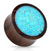 SoScene Crushed Turquoise Organic Wood double Saddle Fit Plug, round wooden plug with crushed turquoise inlay.